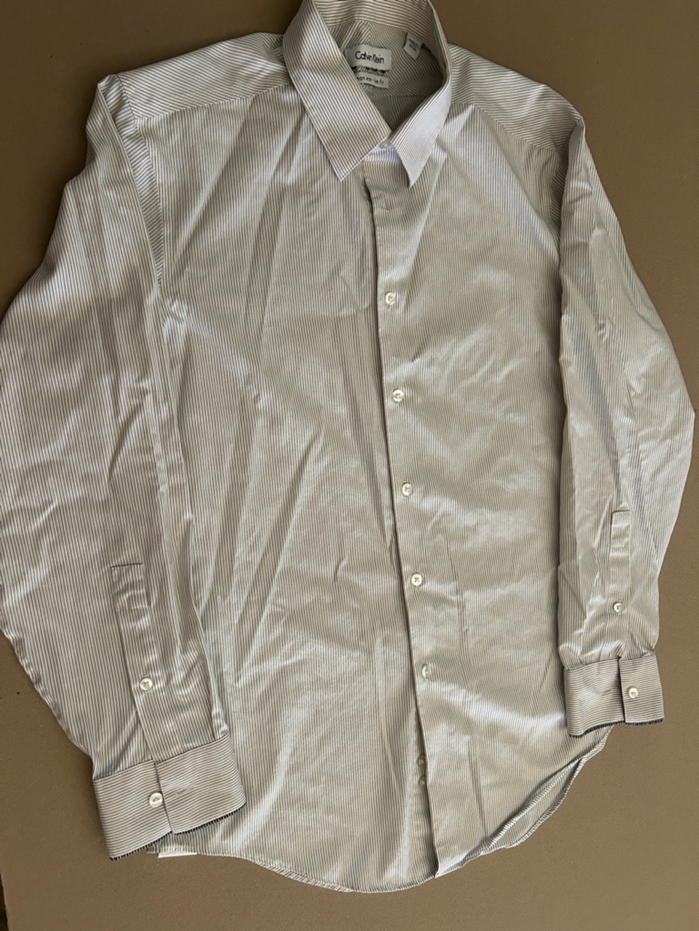 Calvin Klein Men's White Dress Shirt with Fine Gray Pinstripes
